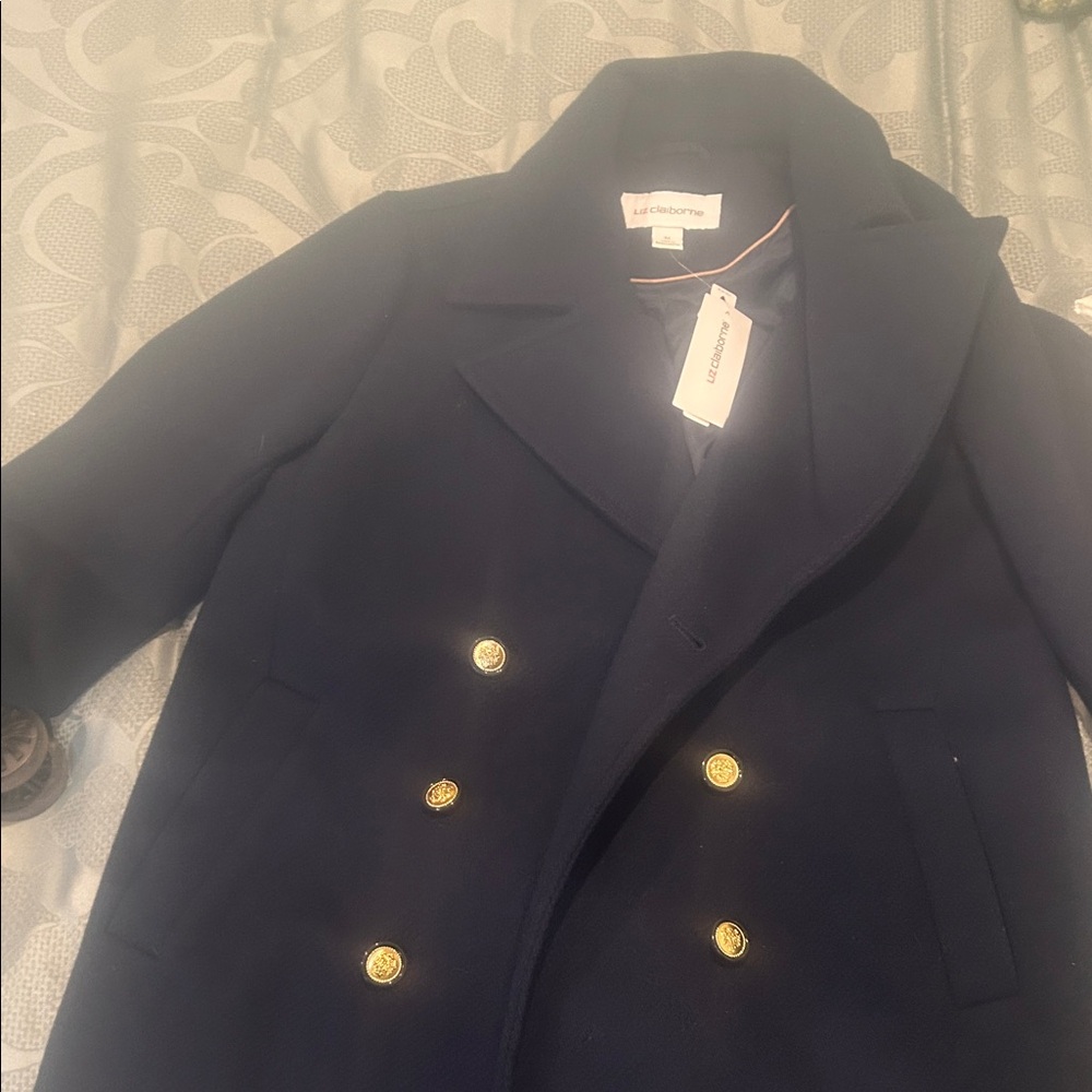 Liz Claiborne Navy Pea Coat with Gold Buttons